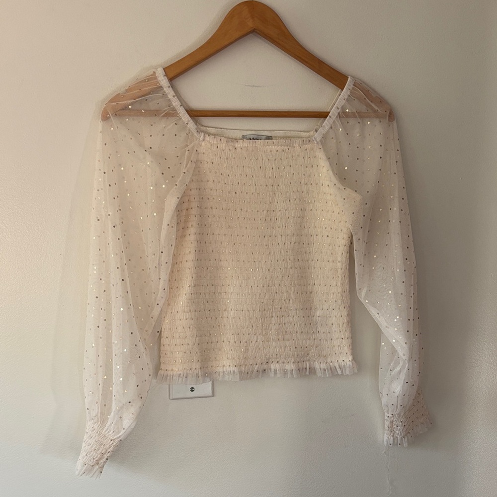 Madden Girl XL 14/16 Sheer White smocked Blouse top with gold Dots